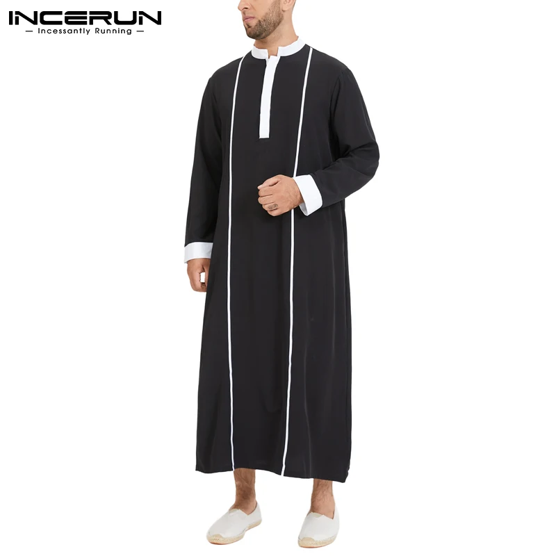 

INCERUN Men Islamic Arabic Kaftan Muslim Clothing Long Sleeve Patchwork Abaya Robes Fashion Saudi Arabia Middle East Jubba Thobe