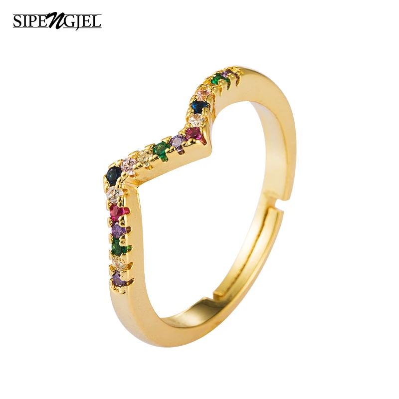 

New Fashion Boho Rainbow Cz Stone Stacking Ring Simple Gold Color Adjustable Wavy Rings For Women Vintage Jewelery 2020