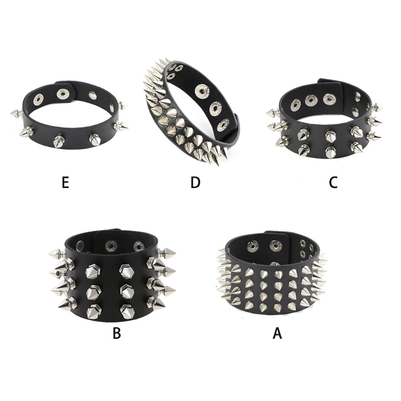 

Men Women Black Artificial Leather Punk Rock Bracelets with Cuspidal Spike Studded Rivet Chain Adjustable Wide Wristband