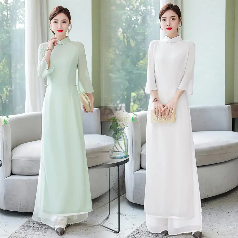 Spring Summer Chinese Style Stand Up Collar Slim Temperament Improved Cheongsam Top + Pants Two Piece Suit Elegant Qipao zh373
Spring Summer Chinese Style Stand Up Collar Slim Temperament Improved Cheongsam Top + Pants Two Piece Suit Elegant Qipao zh373