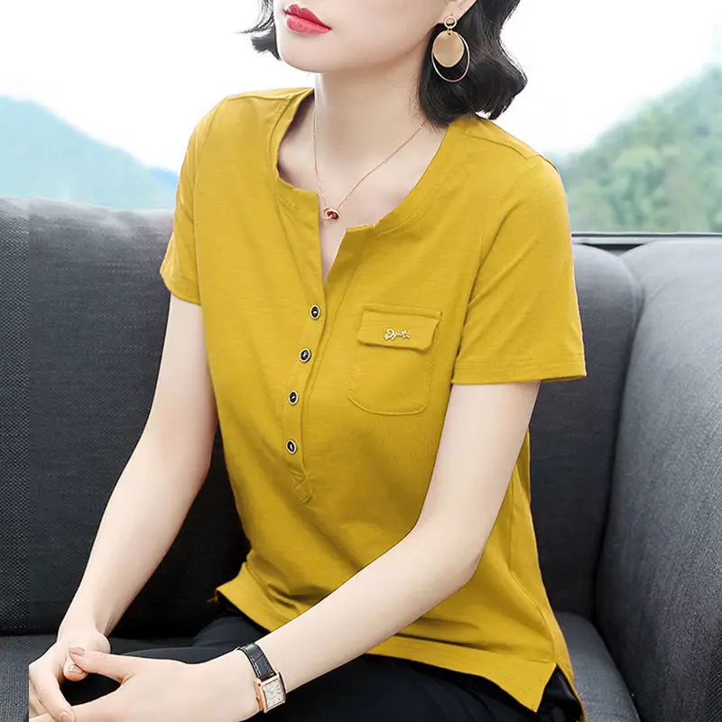 New Summer Middle Aged Women Short Sleeve Casual Solid T-shirt Tops Female V-Neck Cotton Fashion Slim T Shirt Pullover X186
New Summer Middle Aged Women Short Sleeve Casual Solid T-shirt Tops Female V-Neck Cotton Fashion Slim T Shirt Pullover X186