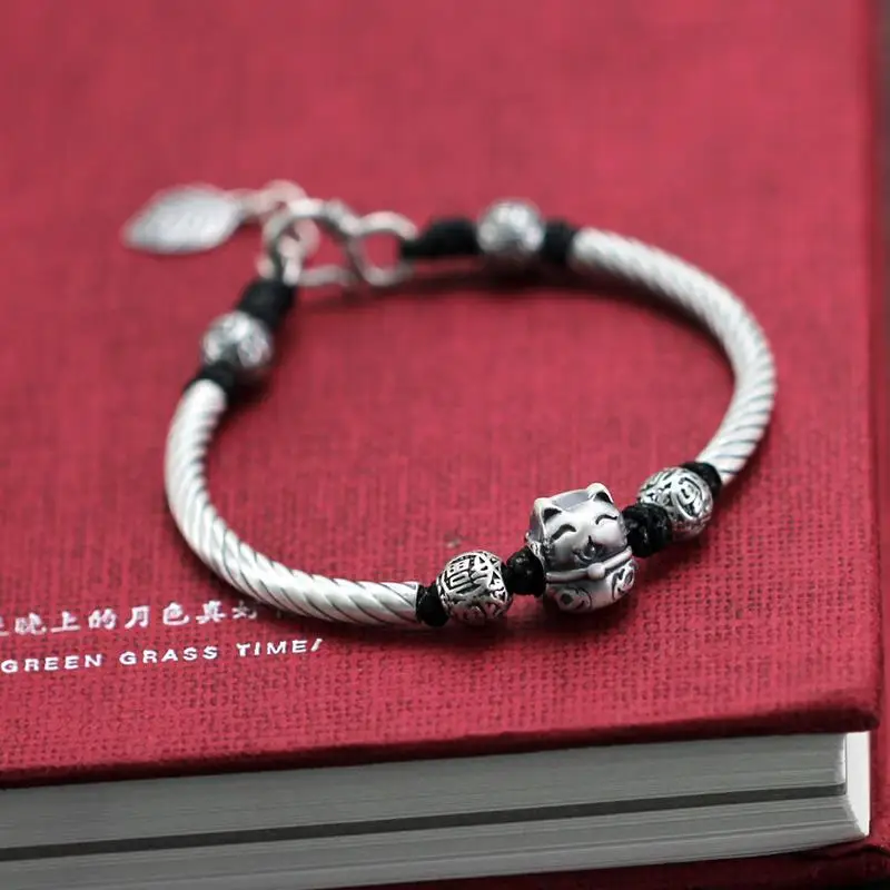 Lucky Cat из стерлингового серебра браслет женский 999 чистого Для мужчин's и женщин