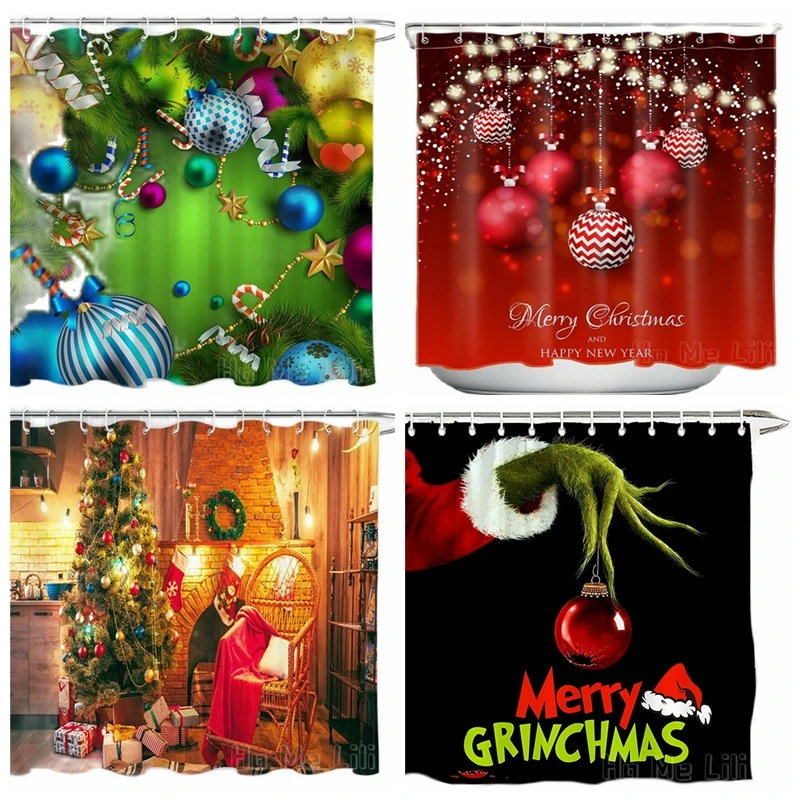 

Merry Christmas Shower Curtain Happy New Year Red Xmas Tree Balls Rustic Brick Fireplace Wreath Baubles Green Fir Branches