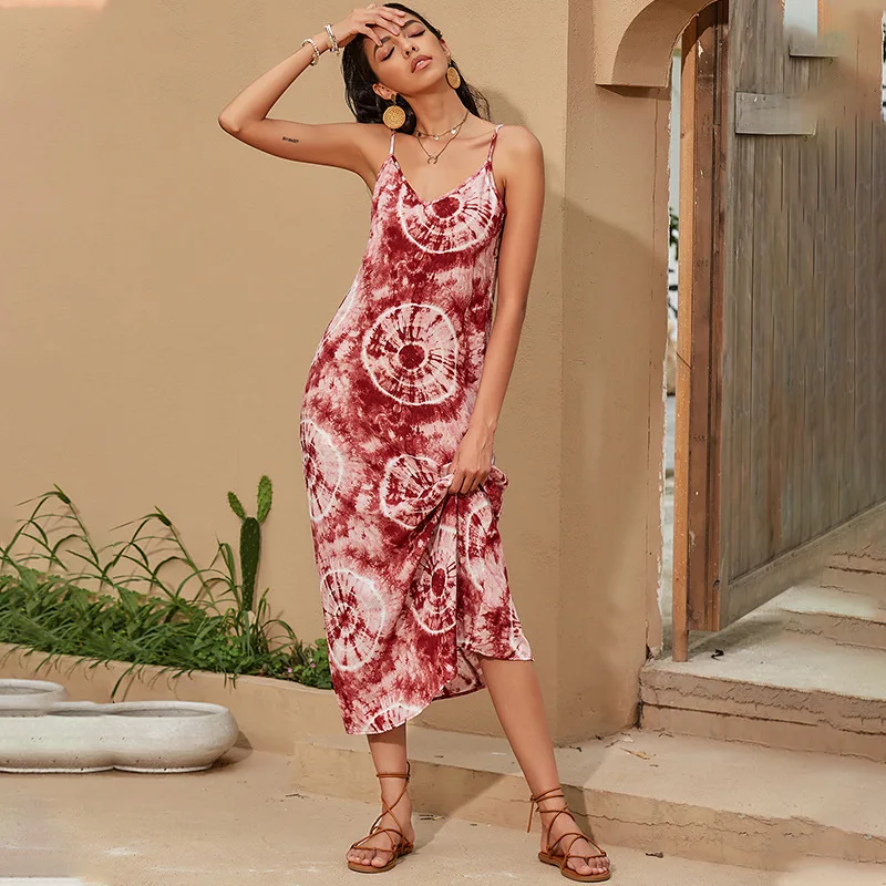 Spring Summer 2021 New Sexy Sleeveless Spaghetti Strap Dress Women V-neck Bohemian Backless Print Elegant Red Dress 
Spring Summer 2021 New Sexy Sleeveless Spaghetti Strap Dress Women V-neck Bohemian Backless Print Elegant Red Dress