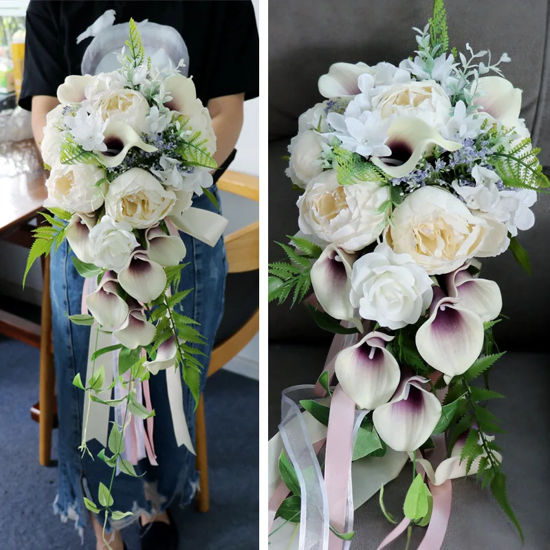 

NZUK Artificial Waterfall Bouquet Peonies Wedding Bridal Bouquet Cascade Orchid Bridesmaids Fake Flowers Bouquet
