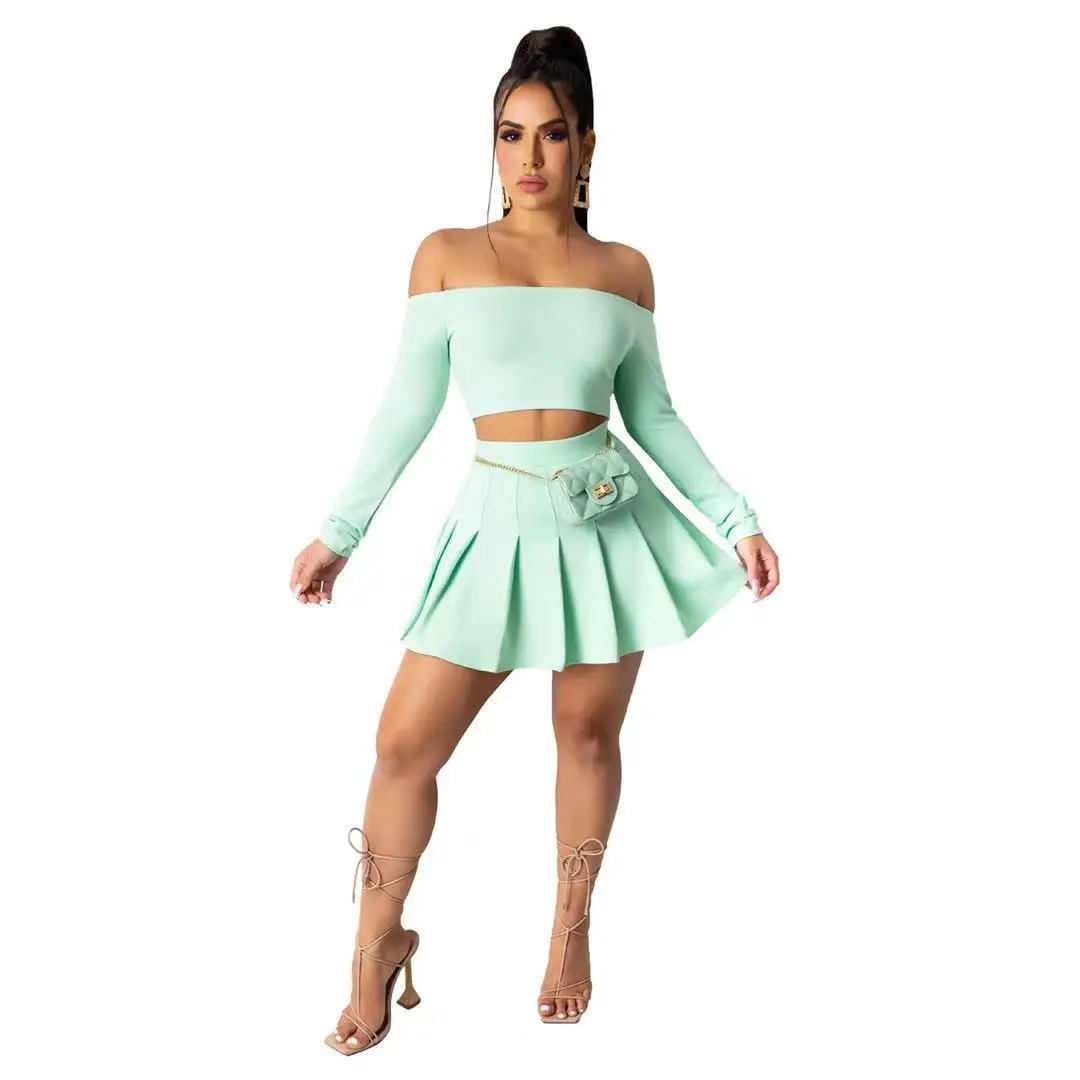 2021 Summer Casual Women Skirt Sets Solid Slash Neck Long Sleeves Vest Sexy Lady T-Shirt Mini Hundred Pleated Skirts Suits
2021 Summer Casual Women Skirt Sets Solid Slash Neck Long Sleeves Vest Sexy Lady T-Shirt Mini Hundred Pleated Skirts Suits