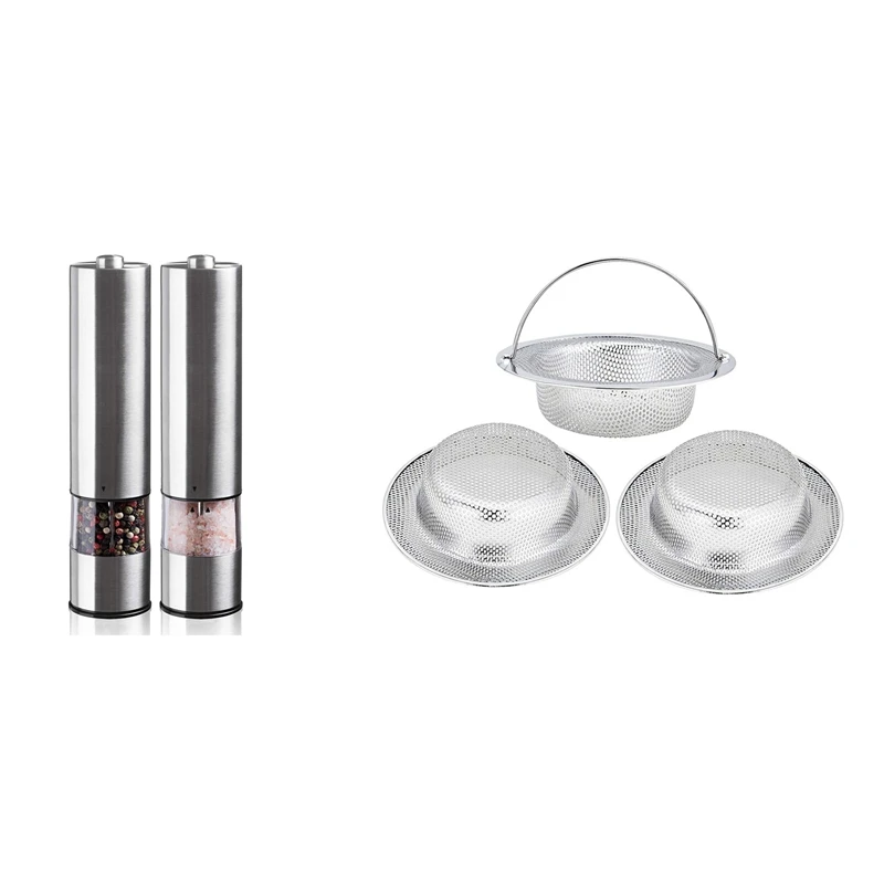 2 Pcs Electric Salt And Pepper Grinding Unit With 3 Pcs Sink Strainer With Handle
2 Pcs Electric Salt And Pepper Grinding Unit With 3 Pcs Sink Strainer With Handle
