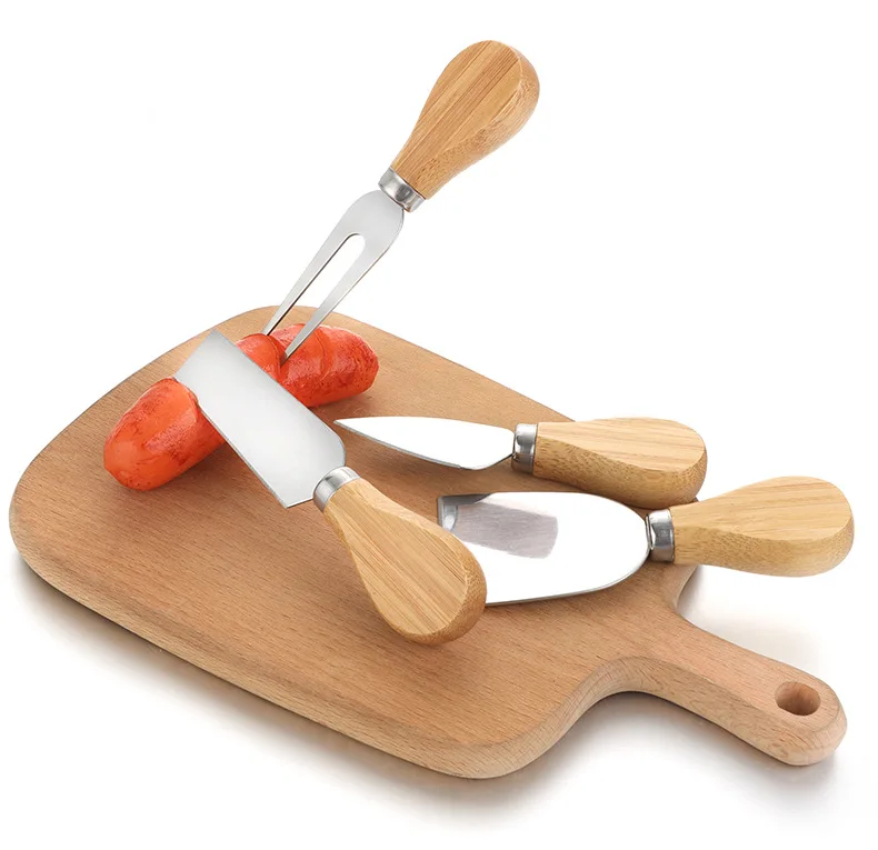 Stainless Steel Wooden Cheese Slicer Cutter Board Bamboo Cutting Board Handle Cheese Knives Fork Shovel Cooking Tool Kitchen
