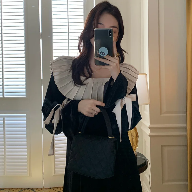 Velvet Dress Korean Chic Spring Pleated Neck Stitched Long Long Sleeve Womenshesam-B 
Velvet Dress Korean Chic Spring Pleated Neck Stitched Long Long Sleeve Womenshesam-B