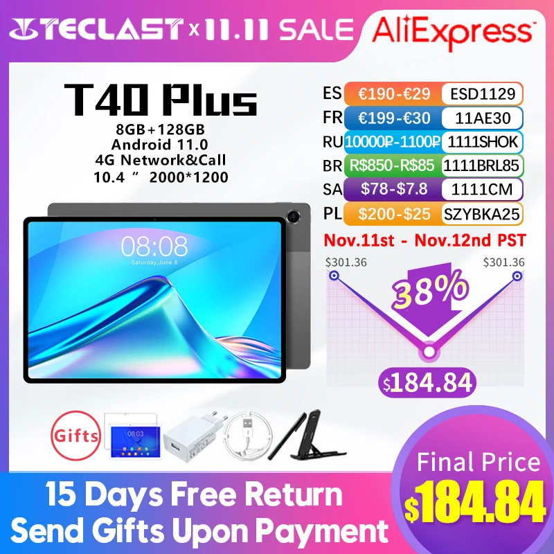 Teclast T40 Plus 10.4 Inch Tablet 8GB RAM 128GB ROM UNISOC T618 Octa Core Android 11 2000x1200 4G Network Wifi Tablet PC Type-C
Teclast T40 Plus 10.4 Inch Tablet 8GB RAM 128GB ROM UNISOC T618 Octa Core Android 11 2000x1200 4G Network Wifi Tablet PC Type-C