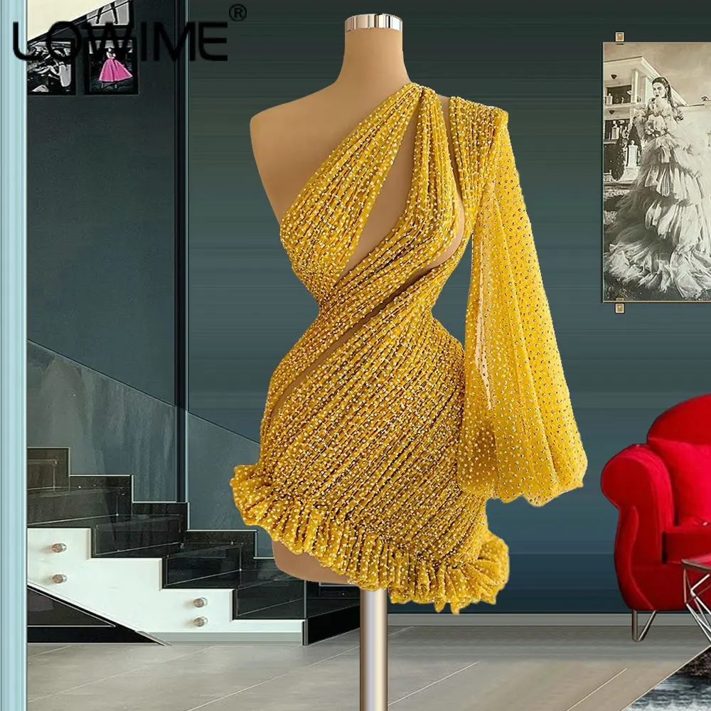 One Shoulder Yellow Lantern Sleeve Short Prom Dresses 2022 Sexy Mermaid Full Beads Party Gowns Mini Cocktail Vestidos De Fiesta 
One Shoulder Yellow Lantern Sleeve Short Prom Dresses 2022 Sexy Mermaid Full Beads Party Gowns Mini Cocktail Vestidos De Fiesta