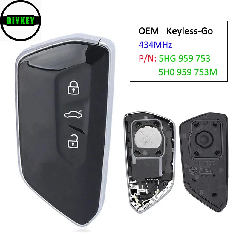 Ключ DIYKEY, оригинальный Keyless-Go Smart Remtoe, 3 + 1 кнопка, 434 МГц, чип NCP2161W для Volkswagen 2020 P/N: 5HG 959 753, 5H0 959 753M 
Ключ DIYKEY, оригинальный Keyless-Go Smart Remtoe, 3 + 1 кнопка, 434 МГц, чип NCP2161W для Volkswagen 2020 P/N: 5HG 959 753, 5H0 959 753M