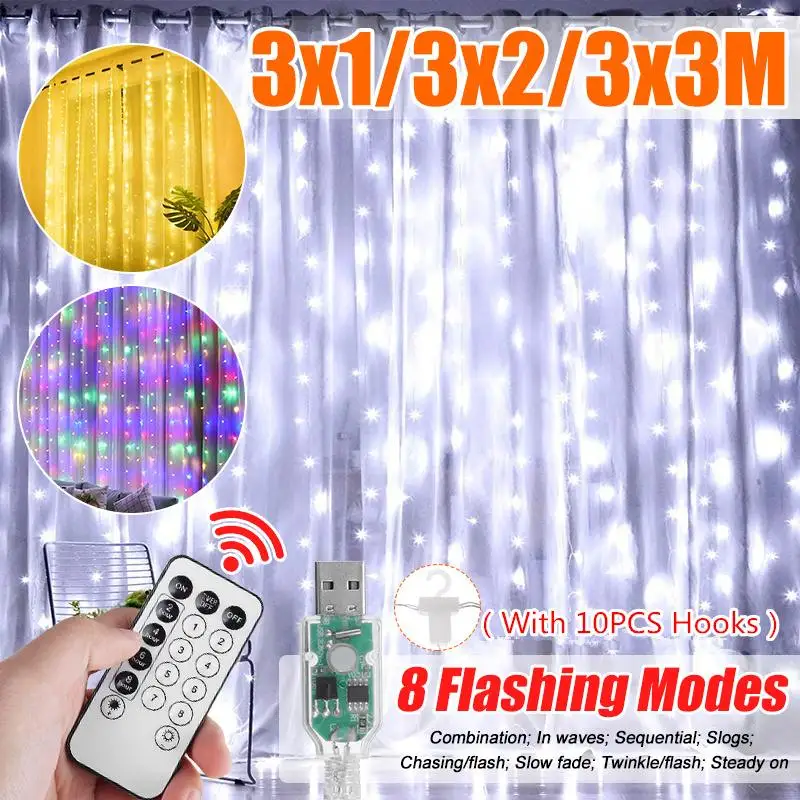 3x3M 300 LED Window Curtain Lights USB 8 Modes Waterproof Fairy String Lights Decorative Christmas Valentine's Day Twinkle Light
3x3M 300 LED Window Curtain Lights USB 8 Modes Waterproof Fairy String Lights Decorative Christmas Valentine's Day Twinkle Light