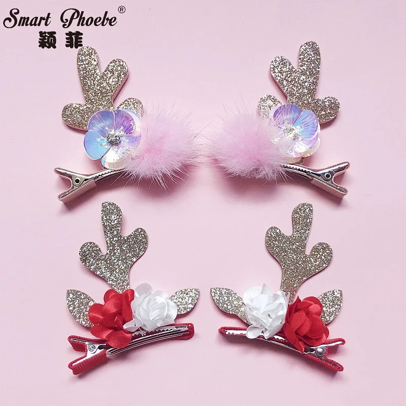 

Boutique 10Sets Fashion Glitter Reindeer Ears Hairpins Sequin Floral Fur Pom Pom Animal Ears Hair Clips XMAS New Year Headwear