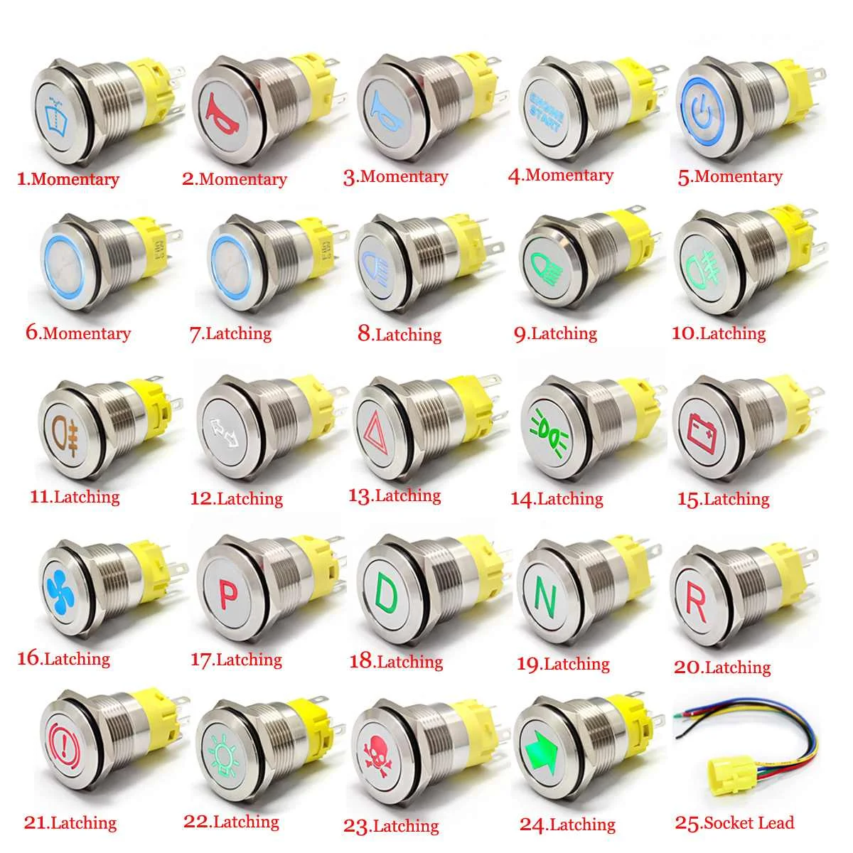 

Metal 12V 19mm LED Indicator Warning Light Lamp Dash Panel Push Button Switch Momentary Latching on off for car yacht ship