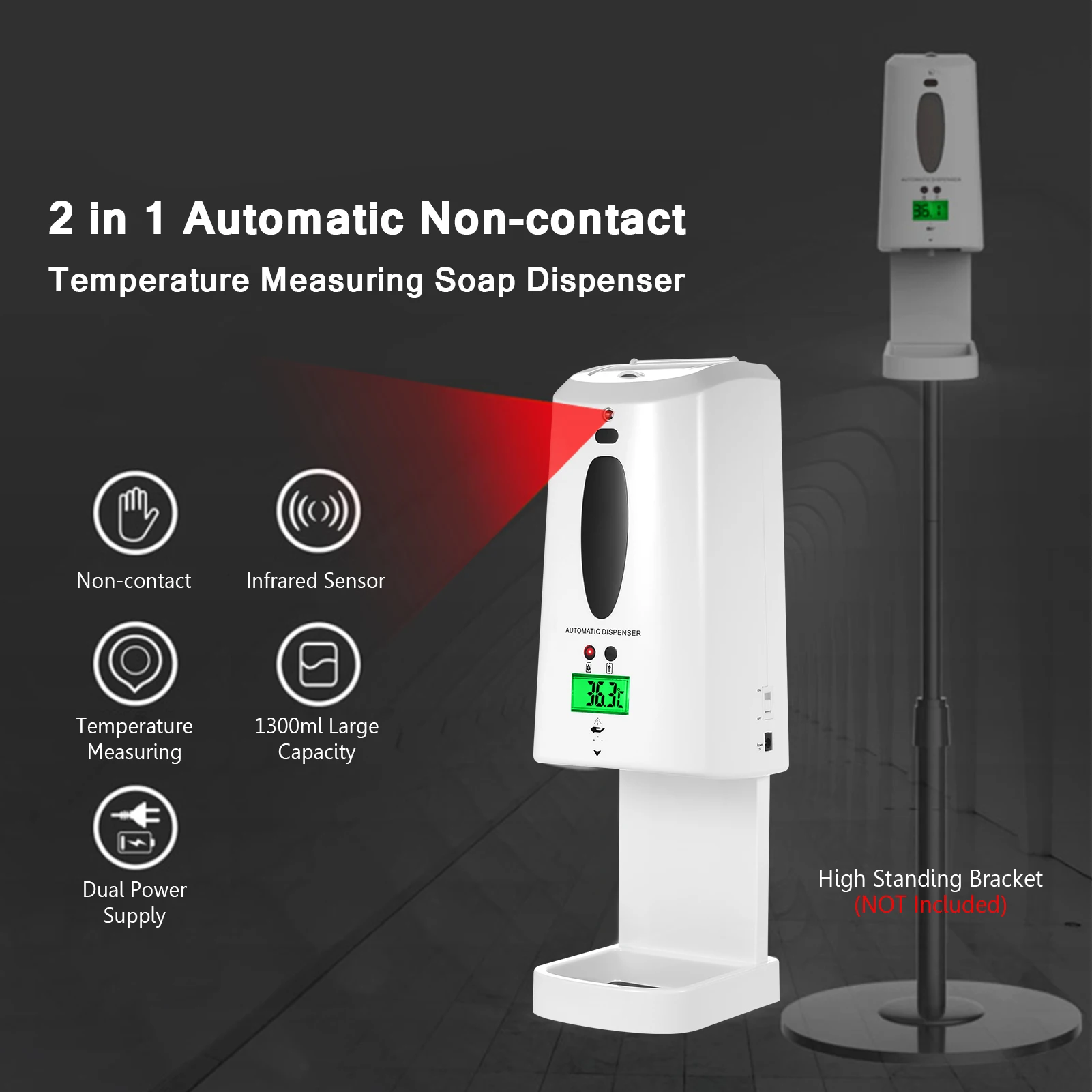 2 in 1 Automatic Non-contact Temperature Measuring Soap Dispenser with 3-Color Backlight LCD 1300ml Auto Soap Dispenser Sprayer
2 in 1 Automatic Non-contact Temperature Measuring Soap Dispenser with 3-Color Backlight LCD 1300ml Auto Soap Dispenser Sprayer