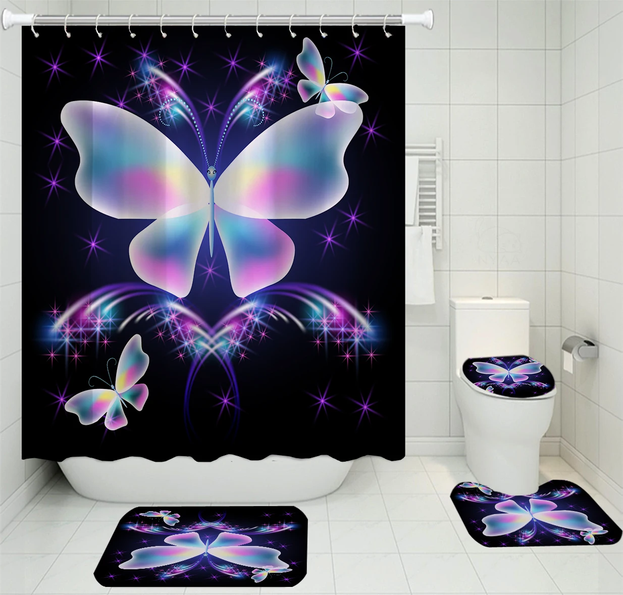 New Blue Butterfly Print Shower Curtain 4 Piece Carpet Cover Toilet Cover Bath Mat Pad Set Bathroom Curtain with 12 Hooks Home
New Blue Butterfly Print Shower Curtain 4 Piece Carpet Cover Toilet Cover Bath Mat Pad Set Bathroom Curtain with 12 Hooks Home