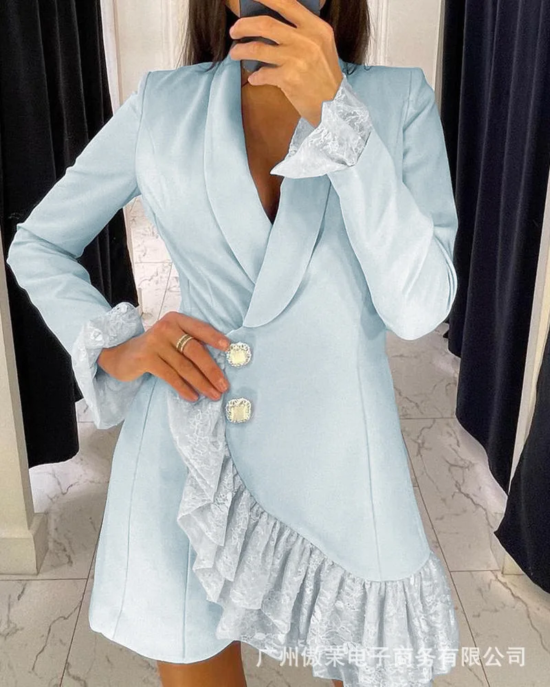 New women's elegant slim light blue Ruffle lace splicing long sleeved professional skirt
New women's elegant slim light blue Ruffle lace splicing long sleeved professional skirt