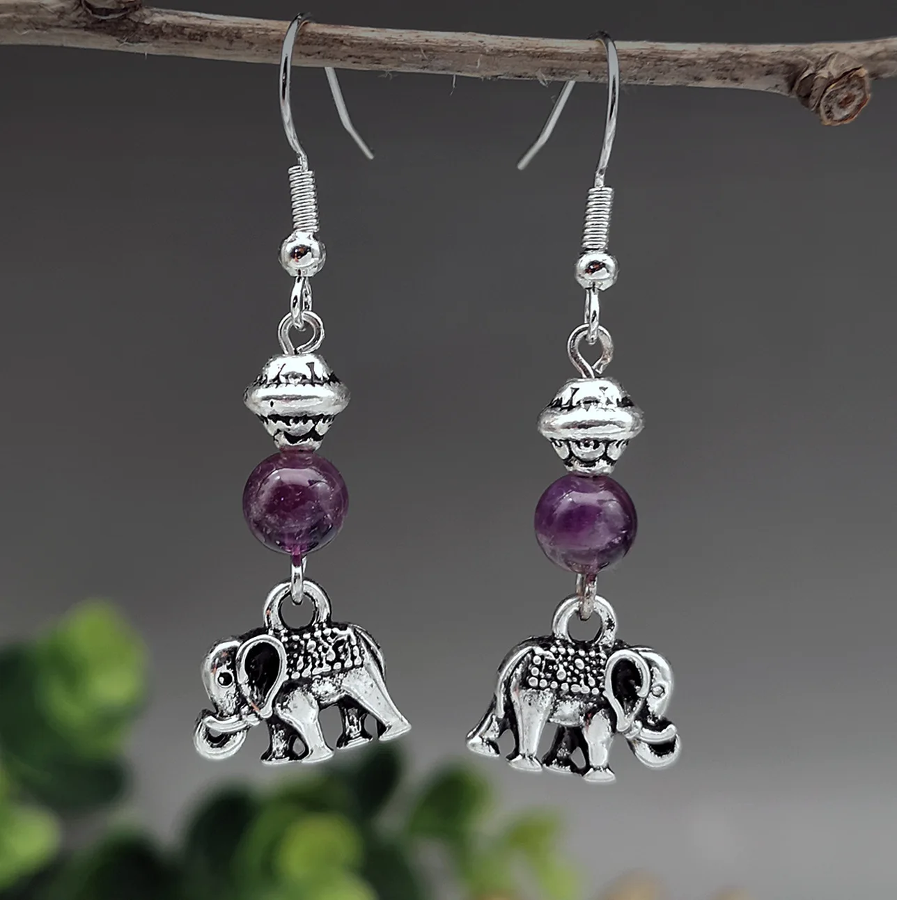 

Lovely Elephant Drop Earrings Thailand Antique Silver Color Animal Jewelry Purple Beads Stone Dangle Earring for Women