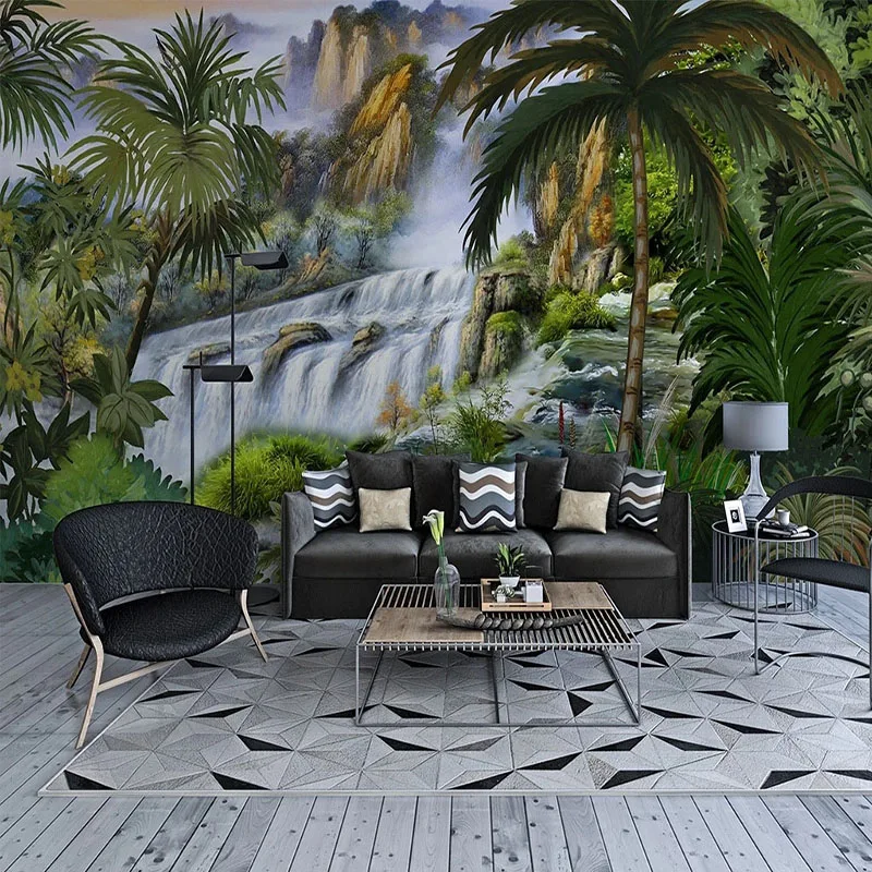 

Custom Mural Wallpaper 3D Stereo Waterfall Tropical Rainforest Landscape Fresco Living Room Sofa Bedroom Backgrouund Wall Decor