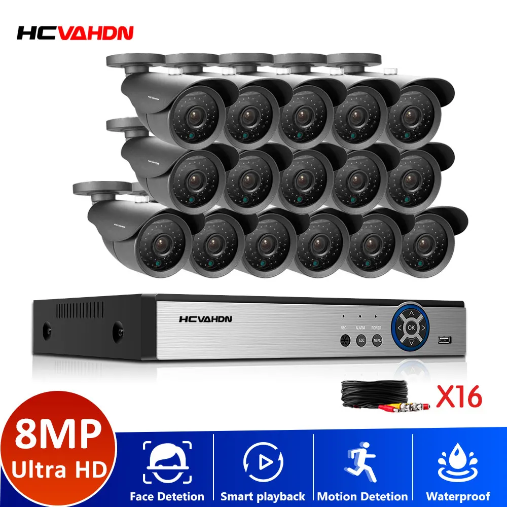 

HCVAHDN HDMI 16CH 8MP DVR 16Pcs 8.0MP Bullet Camera 4K AHD Home Security Surveillance CCTV System Kit Remote View By Phone