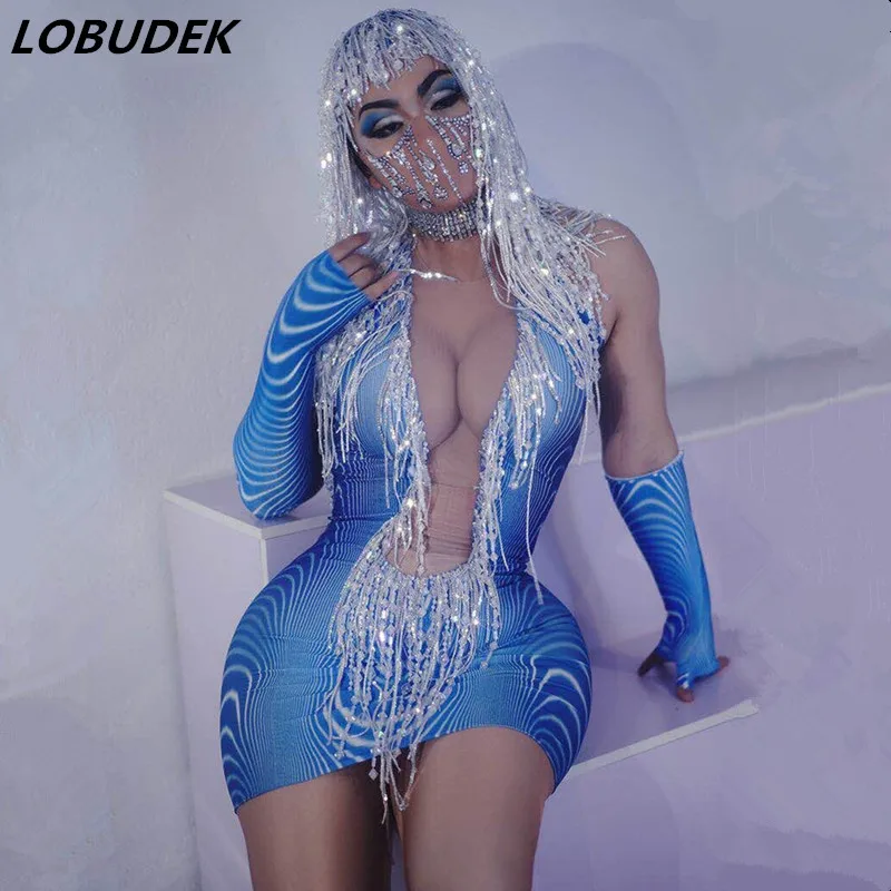 Sexy Bar Women Singer Stage Costume V-neck Sequins Blue Mini Dress Rhinestones Tassel Wig Outfit Prom Birthday Performance Dress
Sexy Bar Women Singer Stage Costume V-neck Sequins Blue Mini Dress Rhinestones Tassel Wig Outfit Prom Birthday Performance Dress
