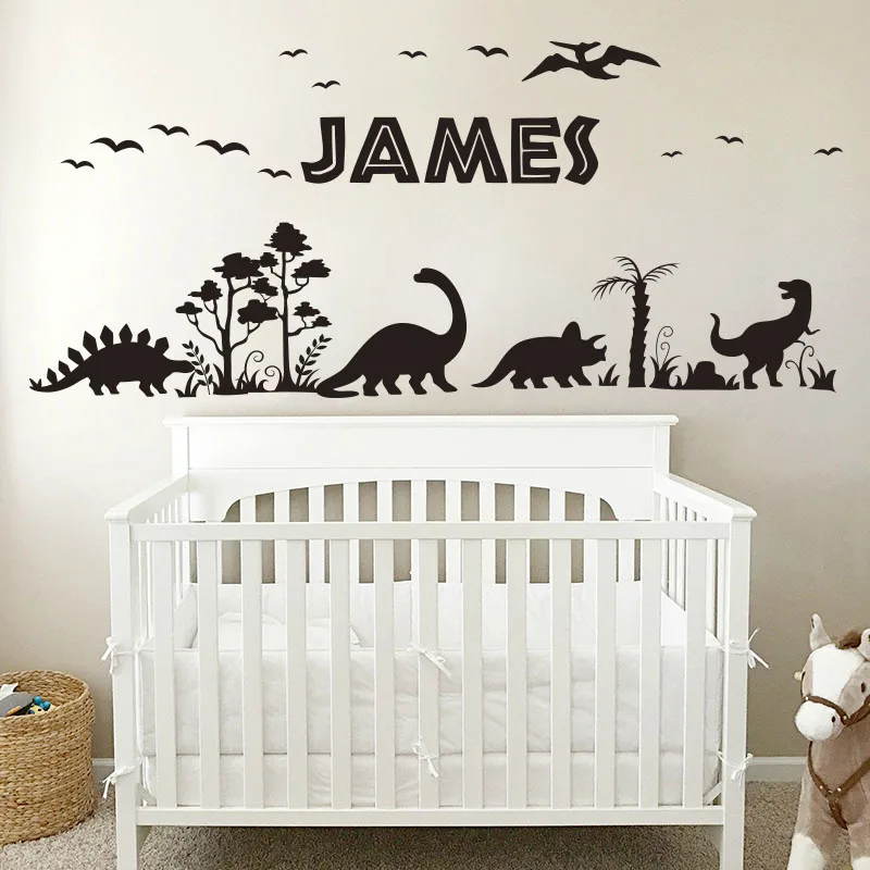 

Custom Name Dinosaur Tree Bird Wall Sticker Jungle Forest Dino Jurassic Park Wildlife Adventure Wall Decal Bedroom Nursery Vinyl