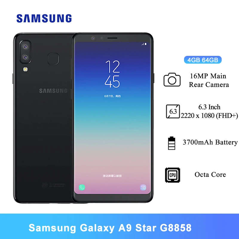 Samsung Galaxy A9 Star G8858 Smartphone 3700mAh Octa Core 6.3" FHD Dual 24MP&16MP RAM 4GB ROM 64GB 4G LTE Android Mobile Phone
Samsung Galaxy A9 Star G8858 Smartphone 3700mAh Octa Core 6.3" FHD Dual 24MP&16MP RAM 4GB ROM 64GB 4G LTE Android Mobile Phone