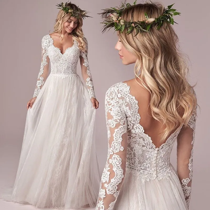 Boho V-Neck Long Sleeves Wedding Dress A-Line Tulle Wedding Gowns Lace Appliques Backless Elegant Bride Dress Vestido de Novia
Boho V-Neck Long Sleeves Wedding Dress A-Line Tulle Wedding Gowns Lace Appliques Backless Elegant Bride Dress Vestido de Novia