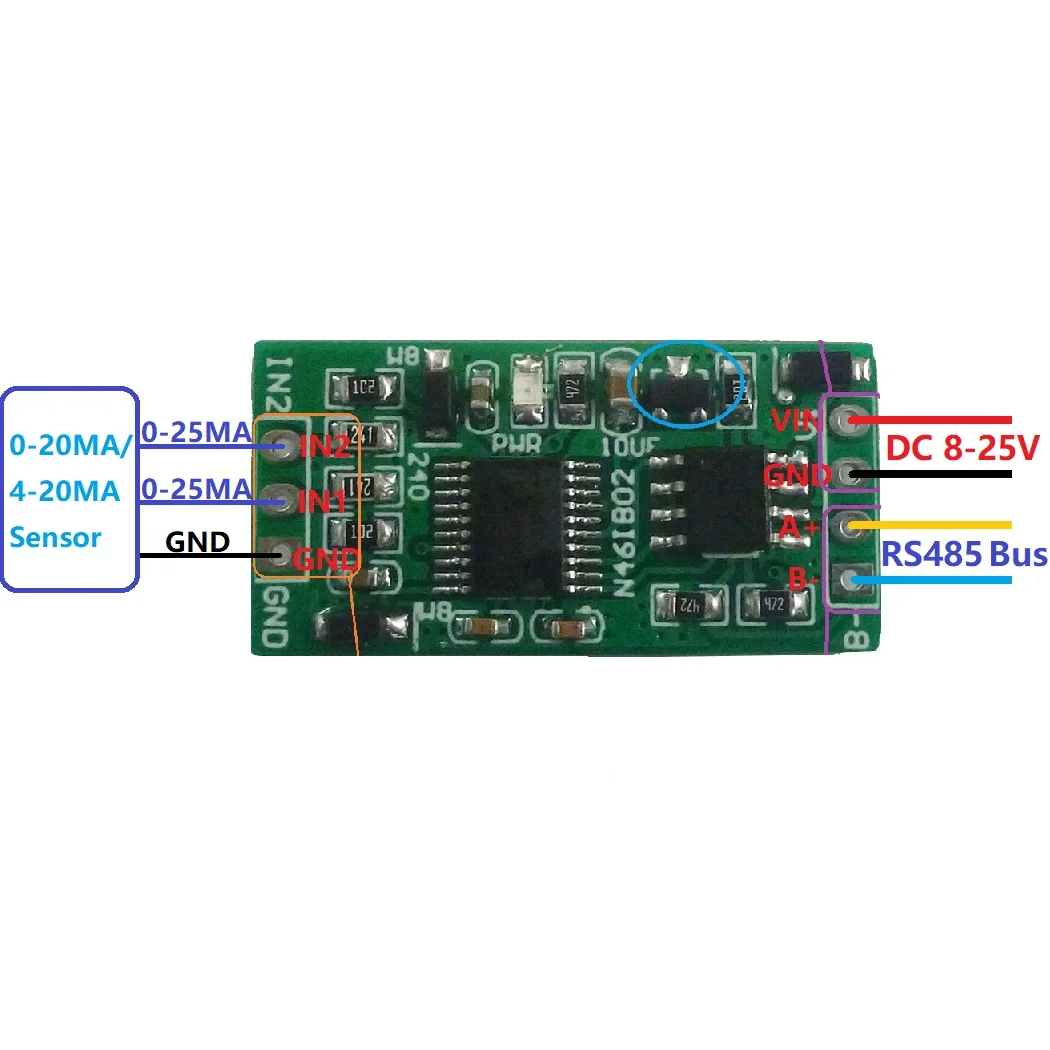 2-канальный аналоговый модуль сбора данных 4-20 мА в RS485 12 В постоянного тока 0-25