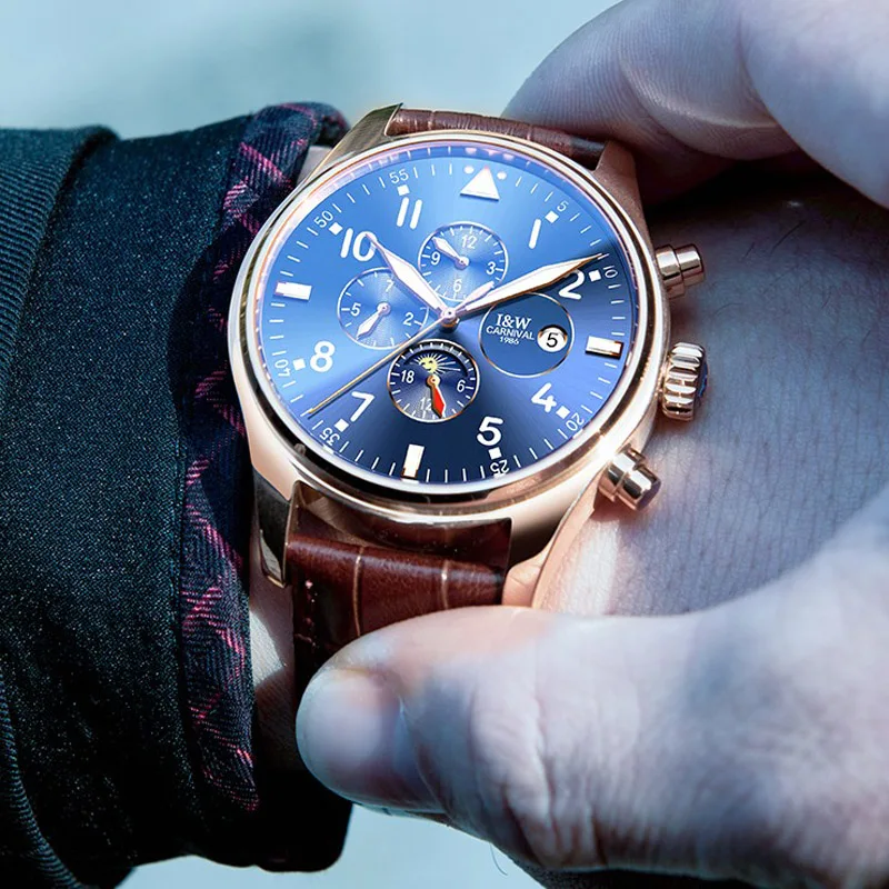 CARNIVAL New Business Fashion Men Luminous Waterproof Automatic Mechanical Watch Leather Moon Phase Calendar Relogio Masculino
CARNIVAL New Business Fashion Men Luminous Waterproof Automatic Mechanical Watch Leather Moon Phase Calendar Relogio Masculino