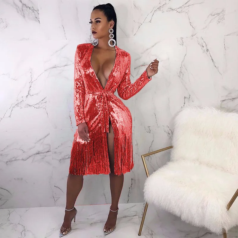 Popular Deep V-neck Shiny Lace-up Long Sleeve Sexy Split Tassel Dress Sexy Dress Party Dress Streetwear Tassel Dress
Popular Deep V-neck Shiny Lace-up Long Sleeve Sexy Split Tassel Dress Sexy Dress Party Dress Streetwear Tassel Dress