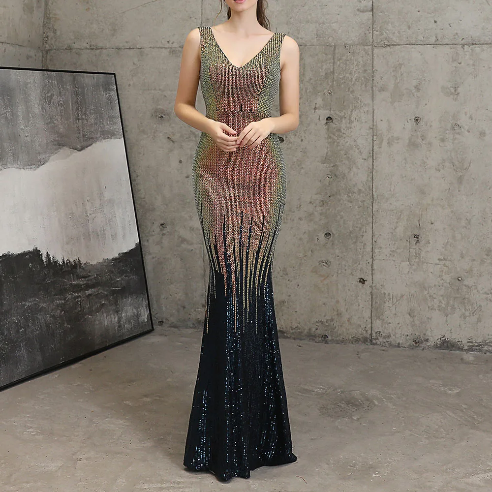 Dark Blue Sparkly Mermaid Evening Dress Women Beading Sleeveless Party Long Dresses V Neck Wedding Formal Gowns Elegant Robe | Свадьбы и