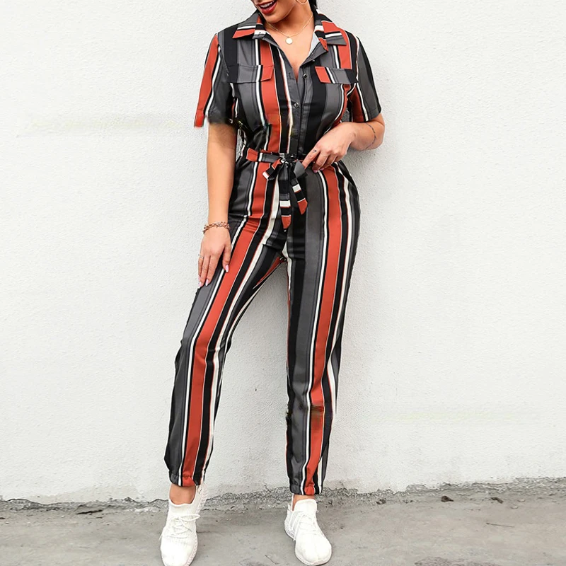 Women Casual Striped Jumpsuit One Piece Outfit V Neck Short Sleeve Top & Lace Up Pencil Pant Overalls Office Lady Streetwear
Women Casual Striped Jumpsuit One Piece Outfit V Neck Short Sleeve Top & Lace Up Pencil Pant Overalls Office Lady Streetwear
