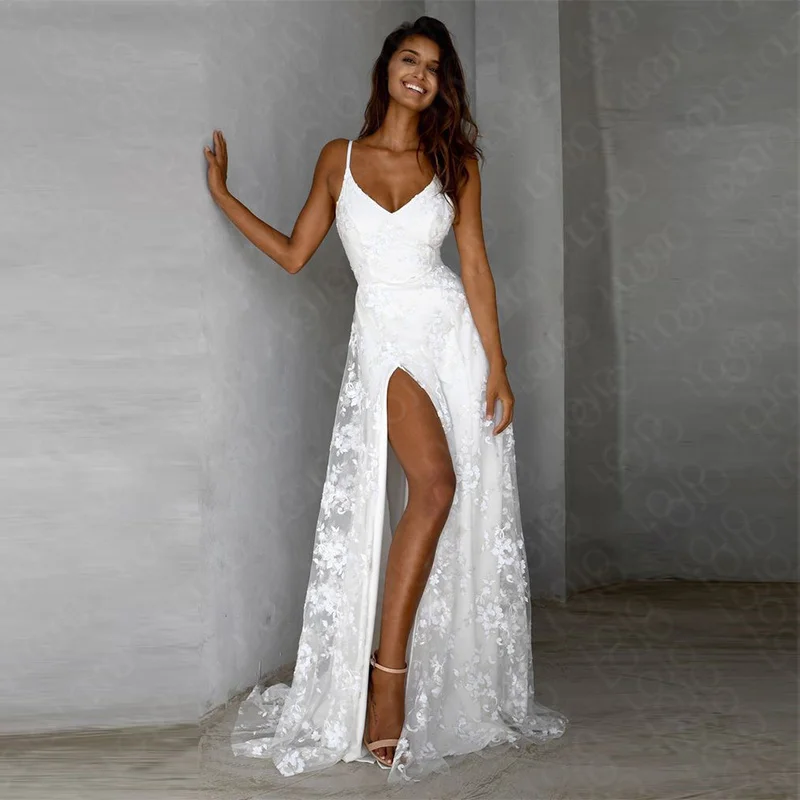 Lace Spaghetti Straps High Slit Wedding Dress 2022 Boho A-Line V-Neck Beach Robe De Soiree Sexy Lace Bridal Gown Robe De Mariée
Lace Spaghetti Straps High Slit Wedding Dress 2022 Boho A-Line V-Neck Beach Robe De Soiree Sexy Lace Bridal Gown Robe De Mariée