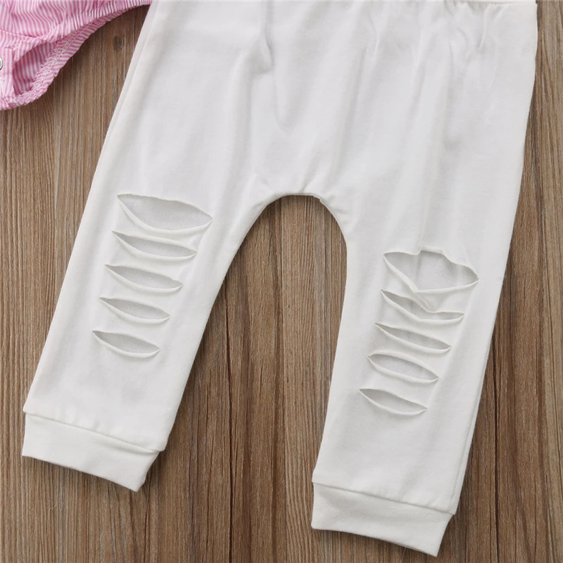 AA 2Pcs Girls Clothes Set Infant Baby Kid Girl Flare Sleeve Striped Romper T-Shirt Tops Hole Pants Outfits Set Kids Clothing
AA 2Pcs Girls Clothes Set Infant Baby Kid Girl Flare Sleeve Striped Romper T-Shirt Tops Hole Pants Outfits Set Kids Clothing