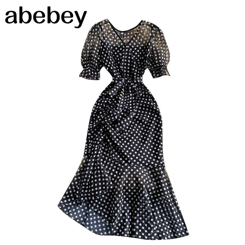 Women French Dot Dress Elegant Puff Sleeve V Neck Sashes A-line Party Dresses Summer Streetwear Ruffles Long Sundress
Women French Dot Dress Elegant Puff Sleeve V Neck Sashes A-line Party Dresses Summer Streetwear Ruffles Long Sundress