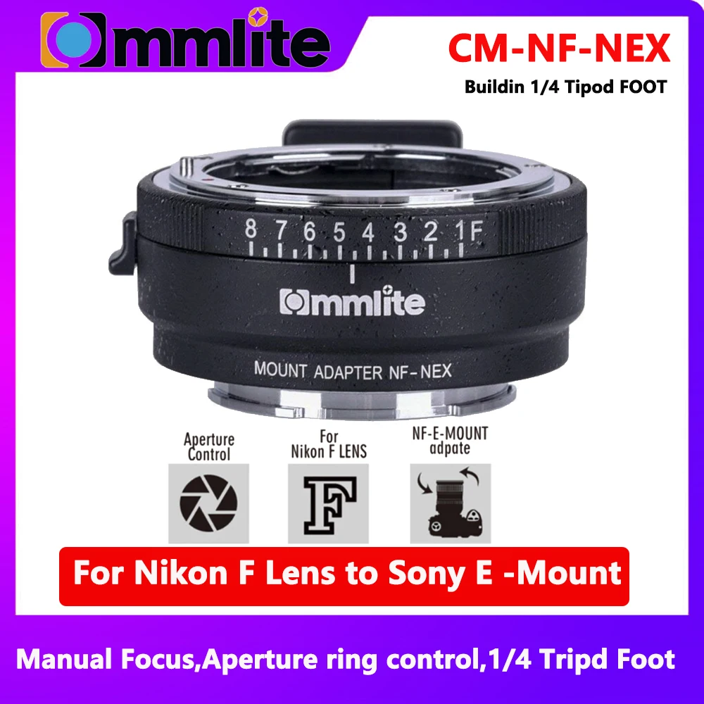 Commlite CM-NF-NEX Manual Focus Lens Mount Adapter Ring for Nikon G,F,A,I,S,D Lens to use for Sony NEX E Mount Cameras 1/4 foot
Commlite CM-NF-NEX Manual Focus Lens Mount Adapter Ring for Nikon G,F,A,I,S,D Lens to use for Sony NEX E Mount Cameras 1/4 foot