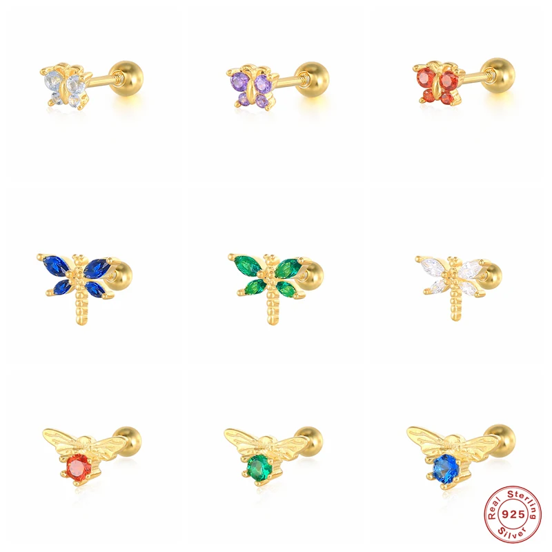 

GS 925 Sterling Silver Colorful Zircon Butterfly Bee Stud Earrings For Women Mini Insect Dragonfly Ear Studs Piercing Jewelry