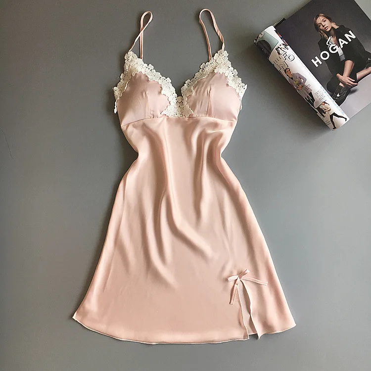 Summer New Blue V-neck Spaghetti Strap Nightdress Lace Flower Nightgown Bowknot Sleepwear Satin Sexy Home Dress M-XL | Женская одежда