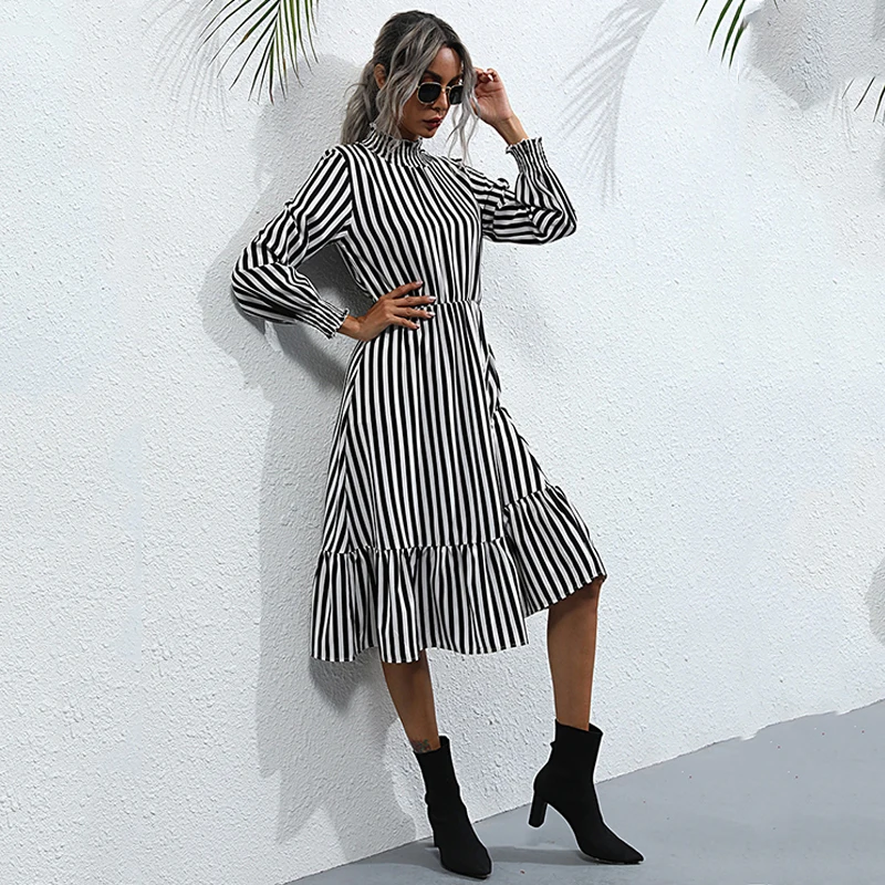 Women Casual Striped Turtleneck Dress Autumn Winter Long Sleeve High Waist Ladies Jumper Ruffles A-Line Midi Dresses for Female
Women Casual Striped Turtleneck Dress Autumn Winter Long Sleeve High Waist Ladies Jumper Ruffles A-Line Midi Dresses for Female