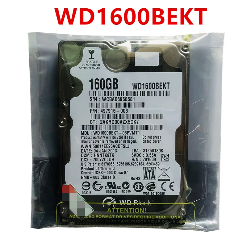 

New Original HDD For WD 160GB 2.5" SATA 3 Gb/s 16MB 7200RPM 9.5MM For Internal Hard Disk For Notebook HDD For WD1600BEKT