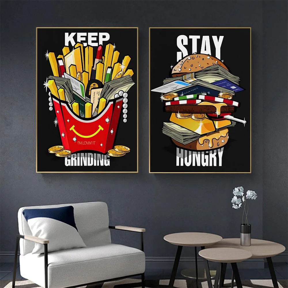 Cartoon Burger Money Stay Hungry Keep Grinding Canvas Painting Wall Art Decoration Posters and Prints for Living Room Decoration
Cartoon Burger Money Stay Hungry Keep Grinding Canvas Painting Wall Art Decoration Posters and Prints for Living Room Decoration