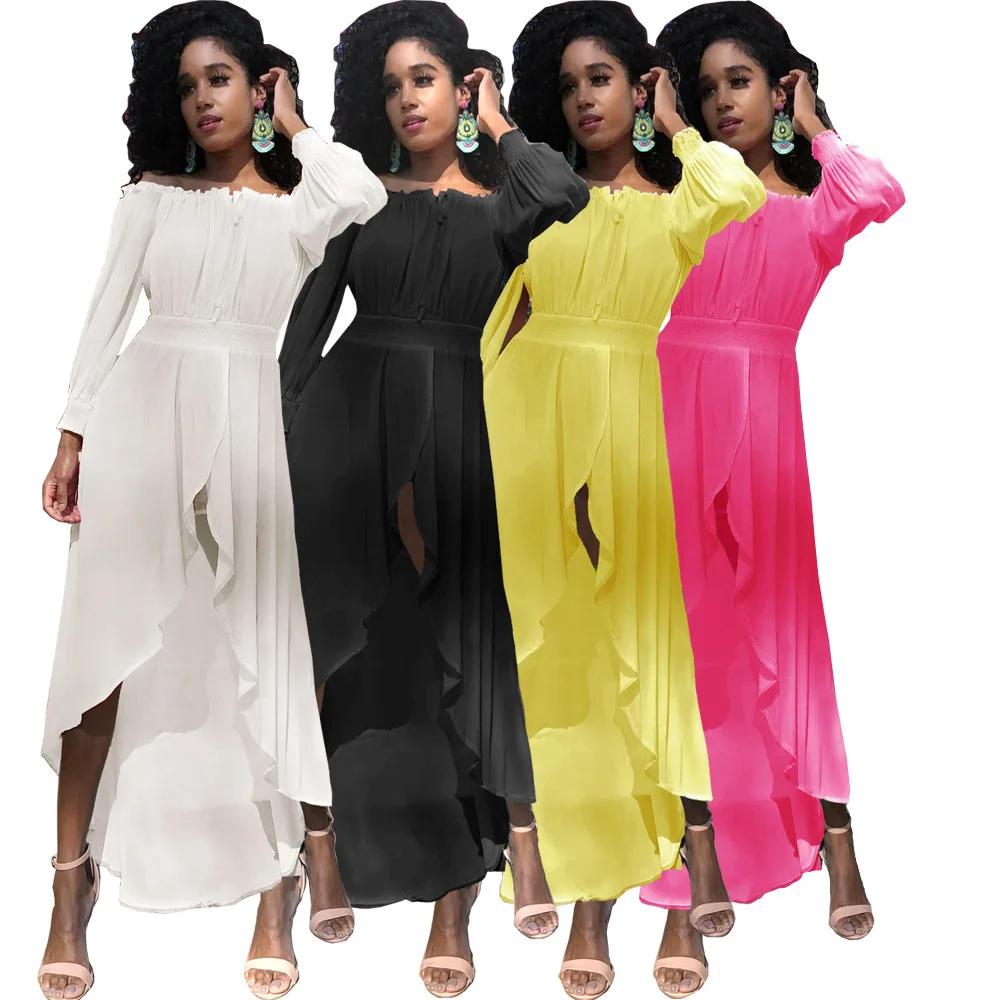 Solid Slash Neck Long Sleeve Chiffon Maxi Dress Women Cold Shoulder Fit and Flare Beach Dress Summer Front High Split Vestidos
Solid Slash Neck Long Sleeve Chiffon Maxi Dress Women Cold Shoulder Fit and Flare Beach Dress Summer Front High Split Vestidos