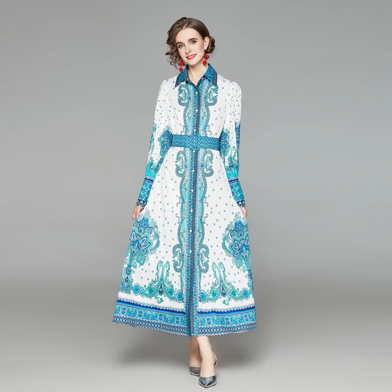 Autumn Winter Fashion Floral Print Blue Shirt Style Dress Women Single-Breasted Long Lantern Sleeve Sashes Holiday Maxi Dress
Autumn Winter Fashion Floral Print Blue Shirt Style Dress Women Single-Breasted Long Lantern Sleeve Sashes Holiday Maxi Dress