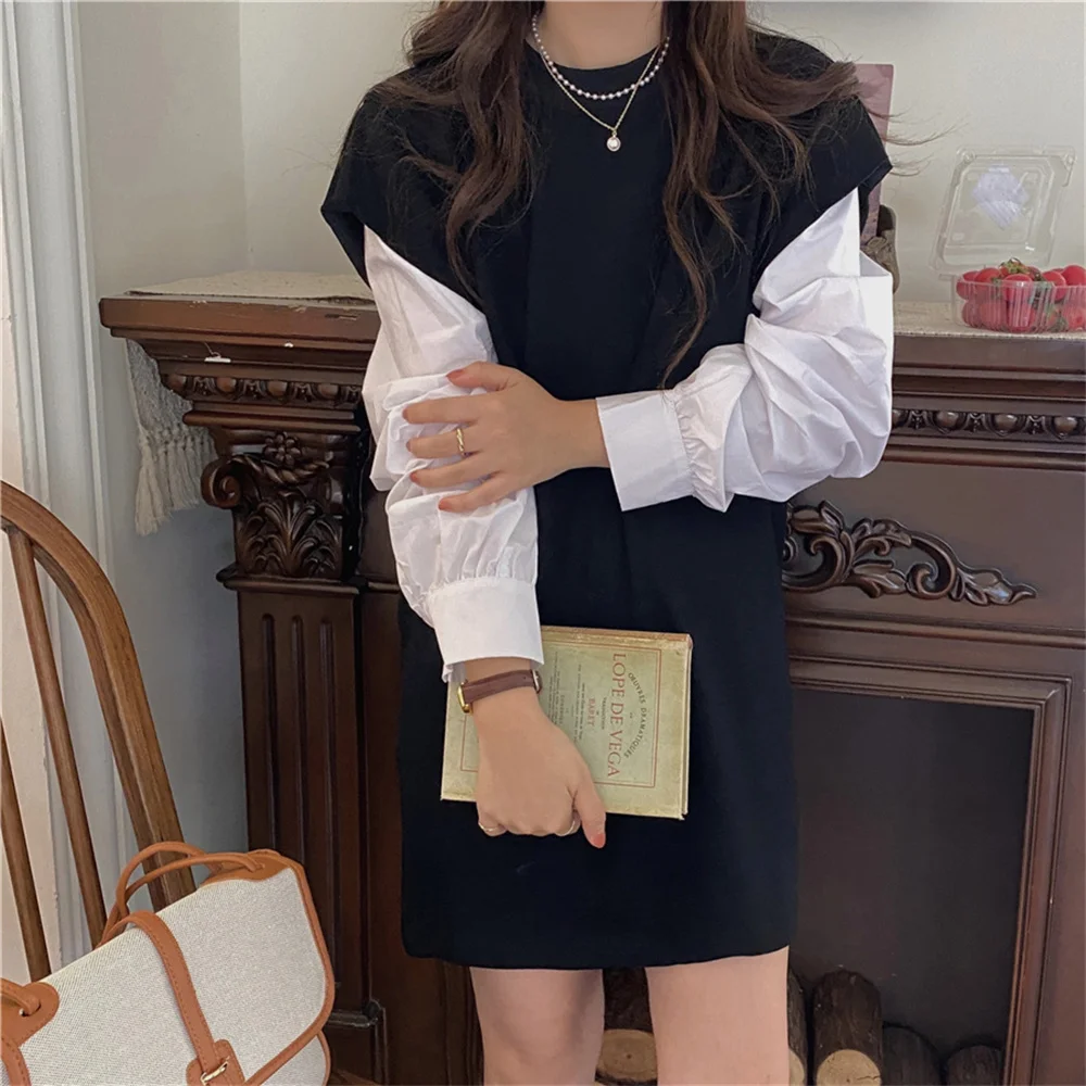 대한민국 Black Patchwork Hot Sweatshirts Mini Dress Fake Two-Piece Slim-Fit Stylish Loose Autumn New 동대문 Women OL Streetwear
대한민국 Black Patchwork Hot Sweatshirts Mini Dress Fake Two-Piece Slim-Fit Stylish Loose Autumn New 동대문 Women OL Streetwear