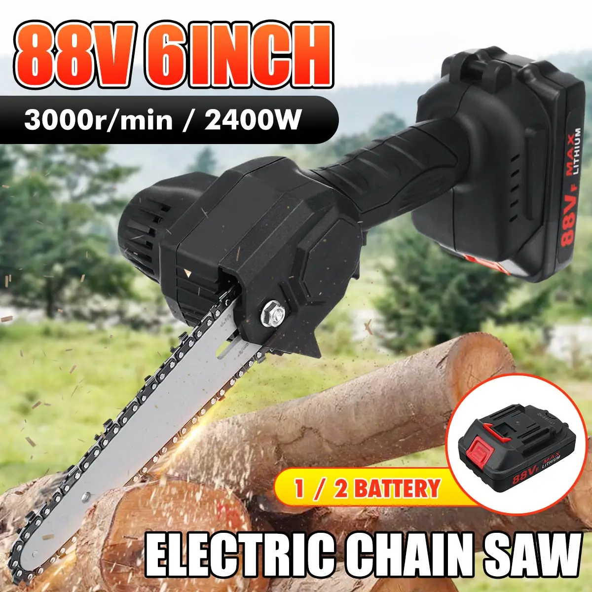 88V 2400W 6 Inch Mini Electric Chain Saw With 2 Battery Rechargeable Woodworking Pruning One-handed Garden Logging Power Tool
88V 2400W 6 Inch Mini Electric Chain Saw With 2 Battery Rechargeable Woodworking Pruning One-handed Garden Logging Power Tool