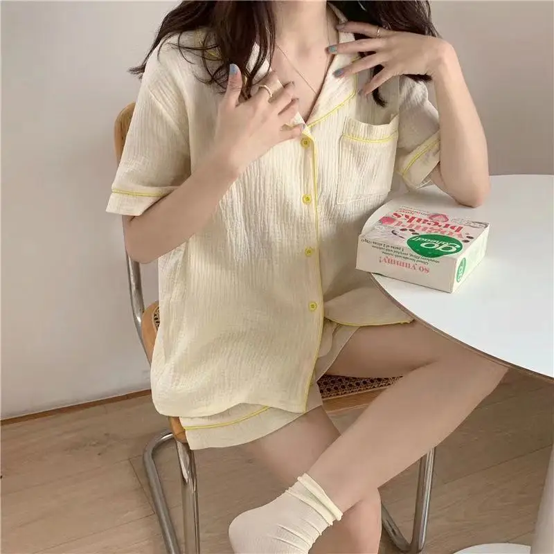 Summer Women Pajamas Sets Cotton Gauze Ladies Thin Home Clothes Short-Sleeved Shorts Loose Sleepwear Pyjamas
Summer Women Pajamas Sets Cotton Gauze Ladies Thin Home Clothes Short-Sleeved Shorts Loose Sleepwear Pyjamas
