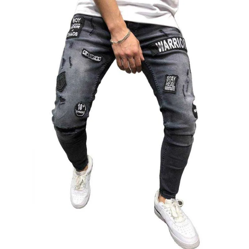 Men Gray Ripped Jeans Fashion Embroidery Applique Skinny Distressed Jeans Man Casual Letter Print Denim Pants Vaqueros Hombre
Men Gray Ripped Jeans Fashion Embroidery Applique Skinny Distressed Jeans Man Casual Letter Print Denim Pants Vaqueros Hombre