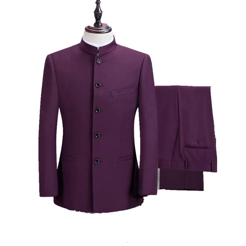 Men's Stand Collar Chinese Style Slim Fit Two Piece Suit Set / Male Zhong Shan Blazer Jacket Coat Pants Trousers 2 Pcs